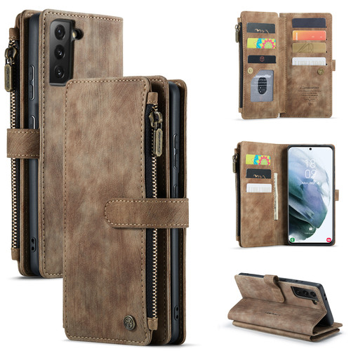Samsung Galaxy S21 FE CaseMe-C30 PU + TPU Multifunctional Horizontal Flip Leather Case with Holder & Card Slot & Wallet & Zipper Pocket - Brown